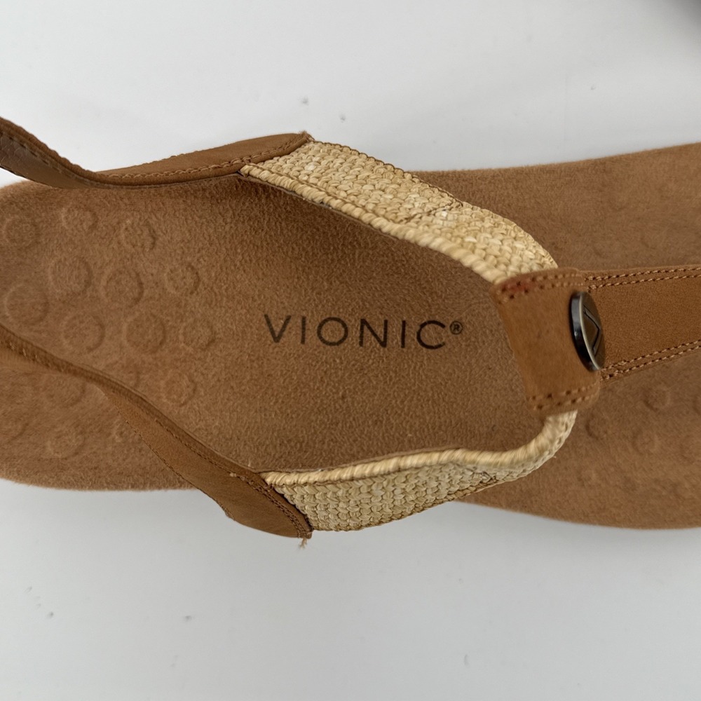 Vionic Brea Sandals Women 11 Tan Leather Slingback Toe Post Comfort Arch Support - Picture 4 of 10